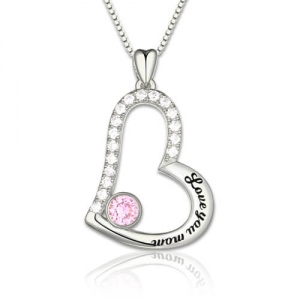 Personalized Mom Heart Birthstone Necklace In Sterling Silver