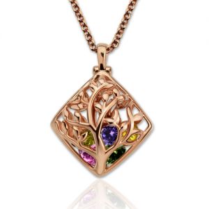 Halskette mit Rhombus-Gehäuse, Familienstammbaum und Geburtsstein in Rosa Gold