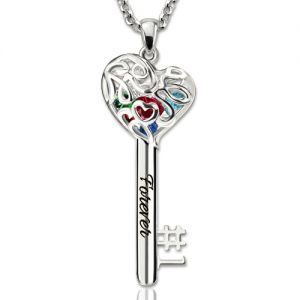 Birthstones Heart and Key Pendant Mom Caged Necklace Platinum Plated