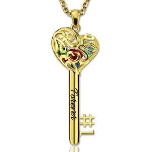 Birthstones Heart and Key Pendant Mom Caged Necklace Gold Plated