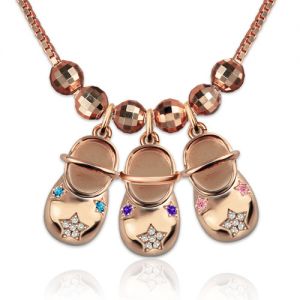 Engraved Baby Shoe Charm Necklace with Birthstones In Rose Gold