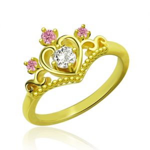 Princess Tiara Ring With Birthstone Gold Plated