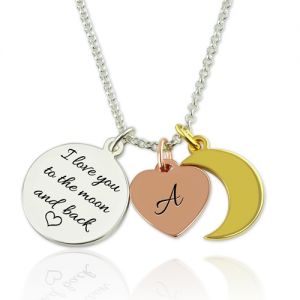 Stamped Charm Necklace With Heart & Moon Charm In Silver