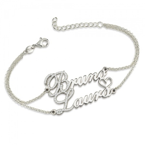 Two Names With Birthstones-Double Chain Bracelet Sterling Silver