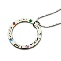 Silver Circle Family Necklace with 5 Names & Birthstones