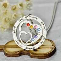 Customized Mom's Heart in Heart with 7 Kids Names & Birthstones Necklace In Sterling Sliver