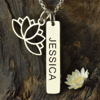 Yoga Necklace with Lotus Flower & Engraved Name Bar