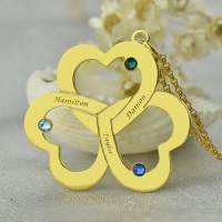 Birthstone Triple Heart 3 Names Necklace Engraved in Gold