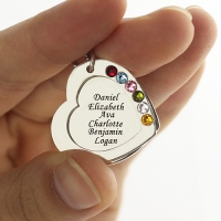 Heart Family Names Necklace With Birthstones Sterling Silver