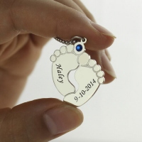 Memory Baby's Feet Charms Necklace with Birthstone Sterling Silver