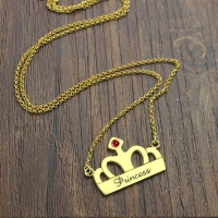 Princess Crown Charm Necklace with Birthstone & Name 18k Gold