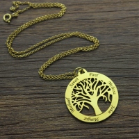 Circle 5 Family Names Tree of Life Pendant Necklace in Gold