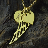 Good Luck Angel Wing Necklace with Initial Charm 18k Gold
