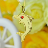 Personalized Dolphin Pendant Necklace with Birthstone & Name Gold Plated