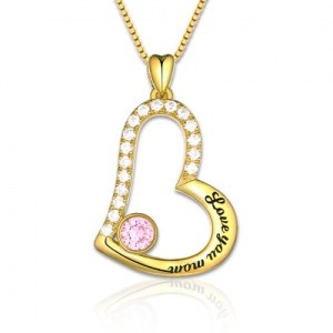 Mom Heart Birthstone Pendant Necklace Gold Plated