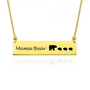 Custom Engraved Mama Bear Bar Necklace In Gold Plated