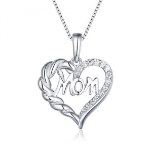 Personalized MOM Word Engraved Heart Necklace Sterling Silver