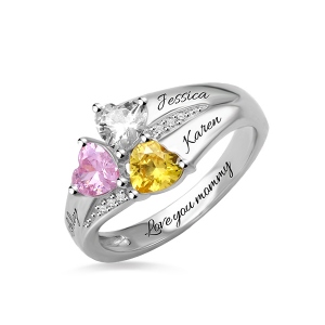 Personalized Engraved Triple Heart Birthstones Family & Mother Ring