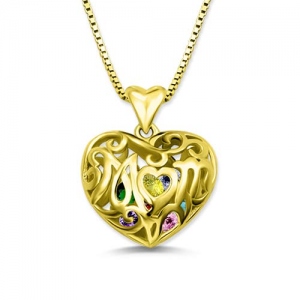 Birthstone Script Mom Heart Cage Necklace In Gold
