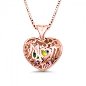 Birthstone Script Mom Heart Cage Necklace In Rose Gold