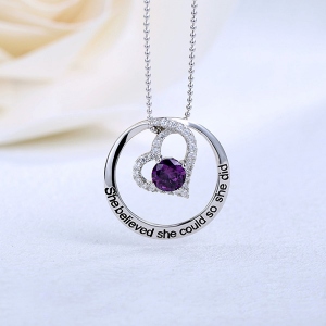Customized Engraved Open Heart Circle Birthstone Necklace In Sterling Silver