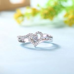 Engraved Heart Shaped Cubic Zirconia Sterling Silver Ring