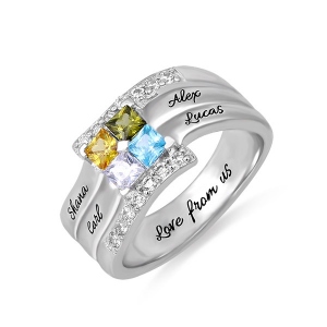 Personalized Double Princess Four Stones & Names Mother Ring