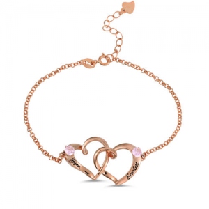 Custom Double Heart Engraved Bracelet In Rose Gold