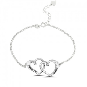 Custom Double Heart Engraved Bracelet Sterling Silver