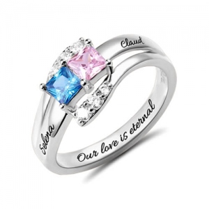 Engraved Two Birthstones Love Promise Ring Sterling Silver