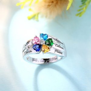 Engraved Five Heart Birthstones Silver Ring