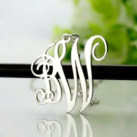 Vine Font 2 Initial Monogram Necklace Solid White Gold
