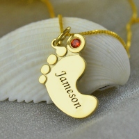 Gold Baby Foot Pendant Necklace with Birthstone & Name