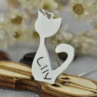 Personalized Engraved Cat Charm Necklace in Silver