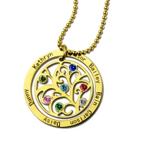 Family Tree Pendant Family Tree Gold Necklace with 7 Names and Birthstones