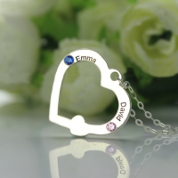 Double Name Open Heart Necklace with Birthstone Sterling Silver