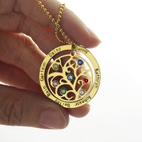 Round Family Tree with 7 Birthstones & Names Necklace In Gold