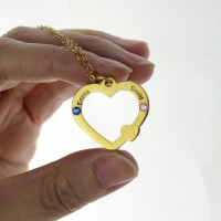 18k Gold Open Heart Necklace with Double Names & Birthstones