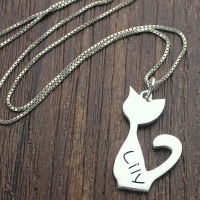 Personalized Engraved Cat Charm Necklace in Silver
