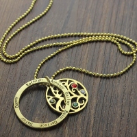 Round Family Tree with 7 Birthstones & Names Necklace In Gold