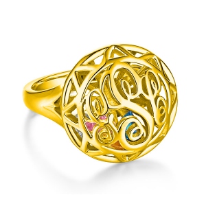 Monogram Cage Ring With Heart Birthstones In Gold