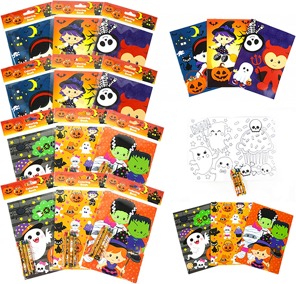 TINYMILLS Halloween-Malbücher für Kinder mit 12 Malbüchern und 48 Buntstiften, lustige Halloween-Leckereien, Partygeschenke, Halloween-Preise, Füller für Geschenktüten, Halloween-Partyzubehör