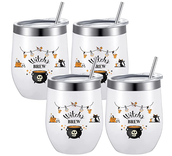 4 Stück „Witch's Brew“-Halloween-Weinbecher, 344 ml, Geschenkbecher, Hexenzimmerdekor für Hexerei-Frauen, doppelwandige, vakuumisolierte Edelstahl-Kaffeetasse mit Deckel, Strohhalmbürste