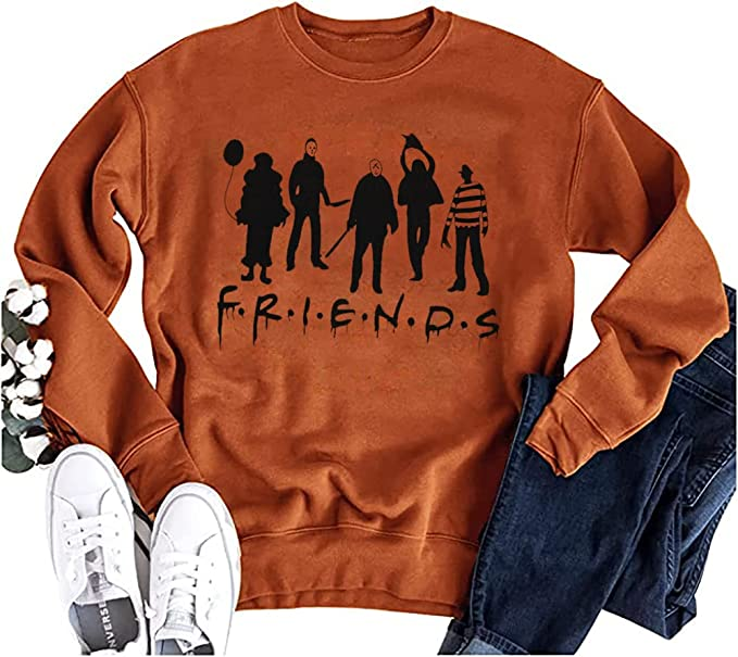 Halloween Friends Sweatshirt für Damen, lustiges Halloween-Party-Sweatshirt, Horror-Thema, Neuheit, langärmeliges Grafikshirt