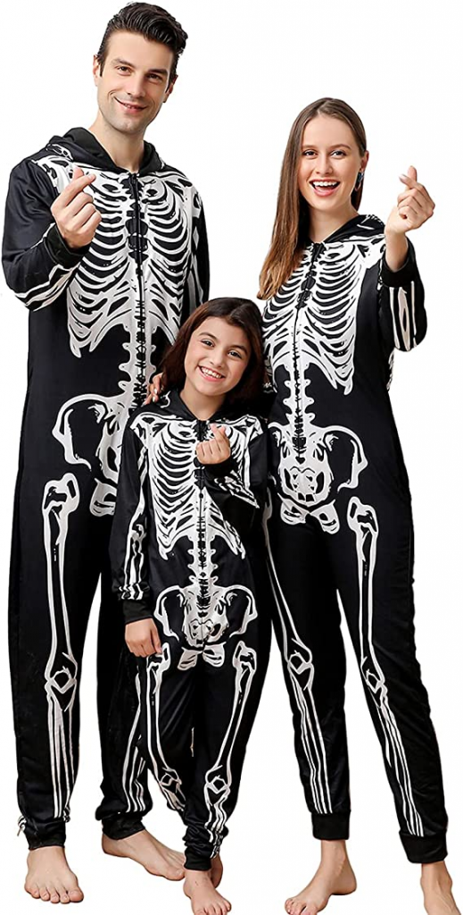 Passender Halloween-Onesie-Schlafanzug für die ganze Familie, lustiger Pyjama mit Skelett-Aufdruck, Kapuze und Reißverschluss, Urlaubs-Loungewear für Männer/Frauen/Kinder