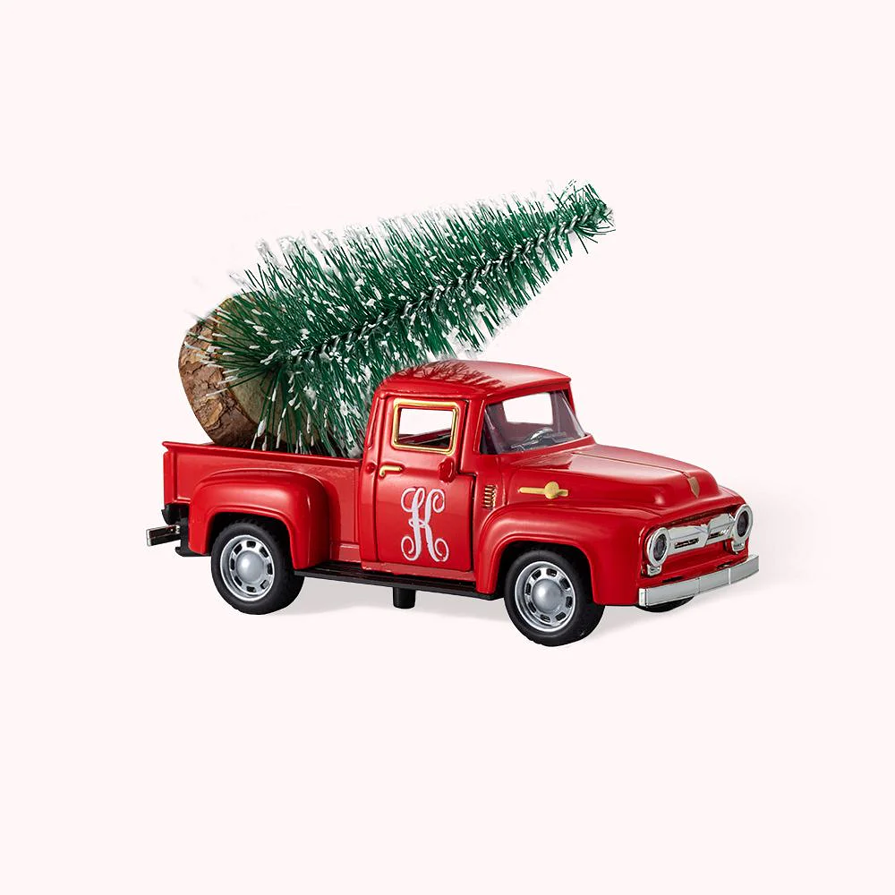 Personalisierter Vintage-Pickup-Truck mit Weihnachtsbaum-Bauernhaus-Dekor