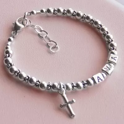 Personalisiertes Kreuz-Namensarmband, Sterling Silber 925 Perlenarmband