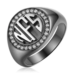 Personalisierter Kreis-Monogramm-CZ-Ring schwarz plattiert