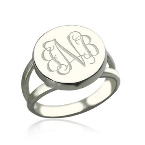Delicate Signet Ring with Engraved Initials- Sterling Silver Circle Monogram Signet Ring