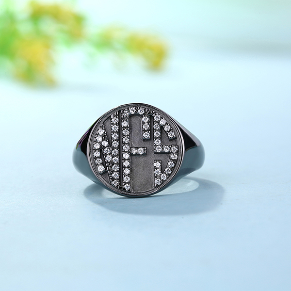 Personalized CZ Circle Monogram Ring Black plated